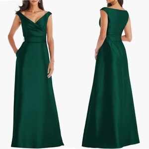 NWOT Alfred Sung Green Off the Shoulder belted Satin Gown D11S 6R